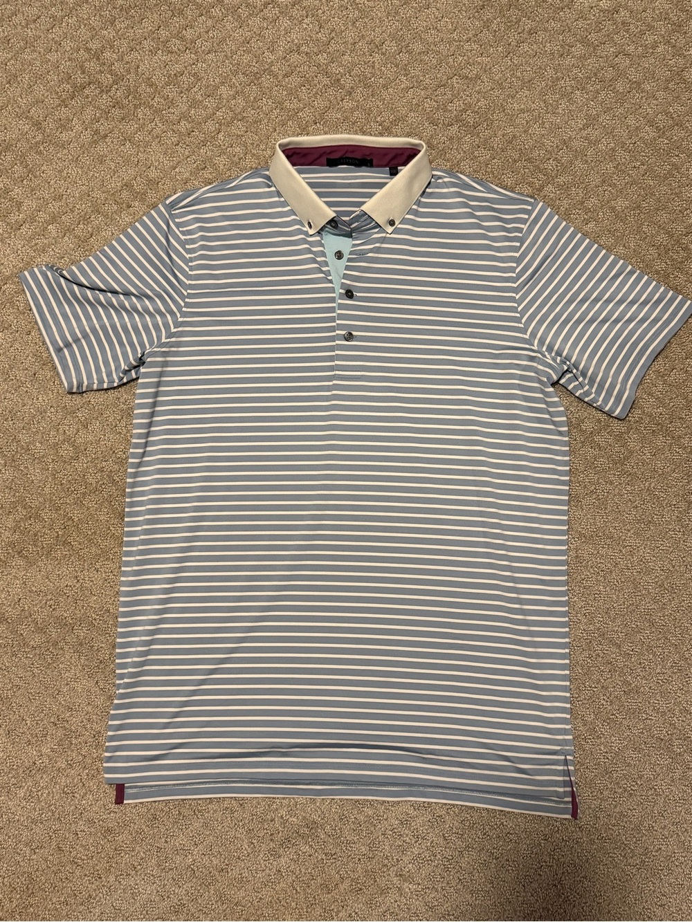 Greyson Light Blue & White Striped Polo with Contrast Collar